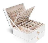 YONZONE Jewellery Box Organiser for Women Girls, 3 Layer Large Jewellery Case Storage with Removable Compartment for Necklace Earrings Rings Bracelets, PU Leather Travel Jewelry Boxes Gift, White