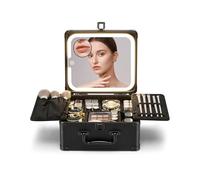 Yooaye Makeup Box with Detachable Lighted Mirror-Travel Train Case, Cosmetic/Storage Organizer & Makeup Suitcase with Adjustable Dividers & Magnetic LED Mirror (Black), Black, 9.8*4.9*9.6in, No