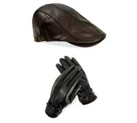 YOOCHUENG Men's PU Leather Flat Cap and Gloves Set, Warm Winter Gloves | Faux Leather with Water-Resistant & Soft Touch,Rainproof,Fleece Lined Gloves,Adjustable Hat Fits 55-60cm,Winter Gift for Men