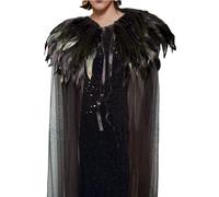 Yoodeet Gothic Feathered Cape, Black Sheer Mesh with Feather Collar, Full Length Costume Cloak (Black)