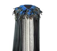 Yoodeet Gothic Feathered Cape, Black Sheer Mesh with Feather Collar, Full Length Costume Cloak (Blue)