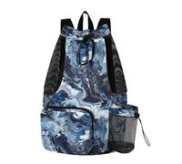 Yoogain Abstract Blue White Water Waves Drawstring Backpack Pool Bag With Water Bottle Holder Cinch Pack Dry Wet Separation