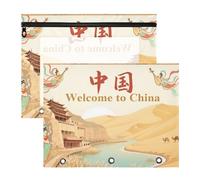 Yoogain Binder pencil pouches With Smooth Zippers 3 Rings Pocket for A4 Paper Letter 2 Pack Students Office Welcome To China Scenery Culture