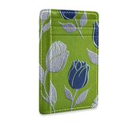 Yoogain Blue Sliver Tulips Green leather mens small wallet ultra slim With ID Window RFID Blocking small wallet for cards for Men and Women