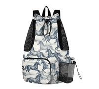 Yoogain Blue Vintage Horse Pattern Draw String Back Bag Pool Bag With Water Bottle Holder String Bag Waterproof