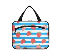 Yoogain Blue White Striped Fruit Strawberry hanging large cosmetic bags for women with hook, designer accessories makeup case for travel essentials for women cruises estuche para maquillaje L, Blue