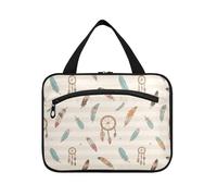 Yoogain Brown White Striped Boho Dreamcatcher Feather hanging toiletry bags for men with hook, designer unisex brush bag for women must travel porta cosmeticos mujer para cartera L, Brown white