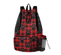 Yoogain Buffalo Plaid Paw Print Drawstring Bags For Men Women Gym Bag With Water Bottle Pocket Pull String Bag Wet and Dry Separation