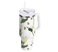 Yoogain Cartoon Calla Lily Flower White Vacuum 40 oz Tumbler Leak-proof Lid Water Bottle Wide Mouth Large Coffee Mug for Water, Iced Tea or Coffee
