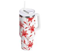 Yoogain Chinese Lily Pattern Red Vacuum Insulated Tumbler Leak-proof Lid Spring Water Bottles Wide Mouth Thermal Mug for Water, Iced Tea or Coffee
