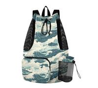 Yoogain Cyan Sea Wave Drawstring Backpack For Swim Camp Bag With Pockets Pull String Back Pack Wet and Dry Separation