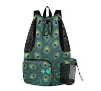 Yoogain Elegant Peacock Feathers Beach Backpack Drawstring Camp Bag With Water Bottle Holder Cinch Bags Waterproof