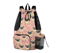 Yoogain Funny Pug Dog Pattern Hearts Pink Beach Backpack Drawstring Gym Swim Bag With Water Bottle Pocket String Back Pack Wet and Dry Separation