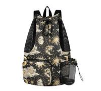 Yoogain Gold Leaf Sun Moon Drawstring Backpack Pool Bag With Water Bottle Pocket String Bag For School Dry Wet Separation