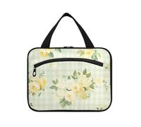 Yoogain Green Spring Retro Plaids Yellow Flowers hanging mens travel bag with hook, designer portable makeup bag organizer for women bathroom bolsos para hombre L, green spring retro plaids yellow