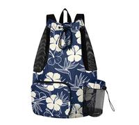 Yoogain Hawaii Dark Blue Flower Style Drawstring Backpack Sports Bag With Water Bottle Holder String Bag For School Wet and Dry Separation