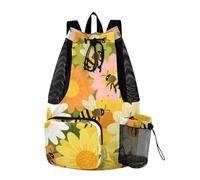 Yoogain Honey Bees Flowers Yellow Drawstring Backpack Gym Swim Bag With Water Bottle Holder String Bag For School Wet and Dry Separation