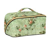 Yoogain Light Green Vintage Roses Cosmetic Bags with dividers Portable Large Make Up Bag with Compartments & Handle