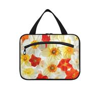 Yoogain Nature Daffodils White hanging cosmetic bags for women with hook, designer washable makeup bag for trip essentials travel estuche para maquillaje L, Nature daffodils white, L