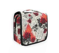 Yoogain Newspaper Burning Red Roses Retro travel bags for women with hanging hook Portable toiletry organizer with Compartments & Handle