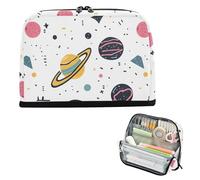 Yoogain Pencil Bag Large Capacity Make Up Bags High Capacity Multi-Purpose Bag for Women High School Supplies Cartoon Outer Planets and Alphabet White