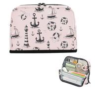 Yoogain Pencil Storage Case Large Capacity Makeup Bags With Compartment Coin for Kids Middle School Sea Lighthouse Achor Peach