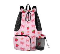 Yoogain Pink Coquette Strawberries Bows Hiking Drawstring Backpack Summer Camp Bag With Pockets Cinch Sacks Wet and Dry Separation