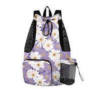 Yoogain Purple Flowers White Daisy Drawstring Backpack For Women Men Gym Bag With Pockets String Back Pack Wet and Dry Separation