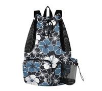 Yoogain Smog Blue Hawaii Flower Beach Backpack Drawstring Gym Sackpack With Water Bottle Pocket Cinch Back Sack Wet and Dry Separation