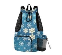 Yoogain Snowflake Blue Snow Winter Drawstring Backpack For Swim Sports Gym Bag With Water Bottle Pocket String Back Pack Dry Wet Separation