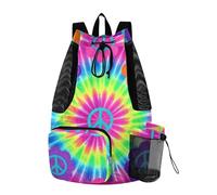 Yoogain Tie Dyeflower Peace Sign Hippie Boho Drawstring Backpack Gym Bag With Pockets Cinch Pack Wet and Dry Separation
