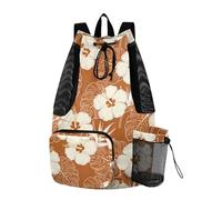Yoogain Tropical Flower Hawaii Cream Brown Drawstring Gym Bags Gym Bag With Water Bottle Pocket Pull String Back Pack Dry Wet Separation
