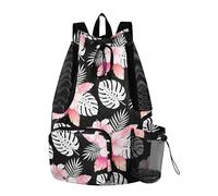 Yoogain Tropical Leaf Flower Pink Black Drawstring Backpack Camp Bag With Water Bottle Pocket String Swim Bag Wet and Dry Separation