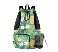 Yoogain Tropical Pineapple Yellow Green Palm Leaves Flower Beach Drawstring Bags Gym Swim Bag With Water Bottle Pocket String Back Pack Dry Wet Separation