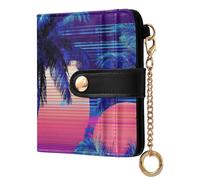Yoogain Vapor Wave Style Tropical Tree Sun Blue Ladies Slim Foldable Wallet Cute PU Leather Bifold Wallet for Men Women Travel