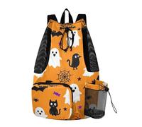 Yoogain Vintage Cats ghosts Pumpkin Orange Drawstring Backpacks Sports Gym Bag With Pockets String Back Bag Wet and Dry Separation