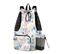 Yoogain Watercolor Art Leaves Butterfly Blue Drawstring Backpack For Swim Sport Gym Sackpack With Water Bottle Pocket String Back Pack Waterproof
