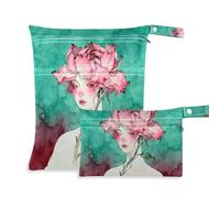 Yoogain zippered dirty clothes bag 2 Pack travel essentials for flying with handles for beach (Watercolor Flower Spirit Beauty Red Green)