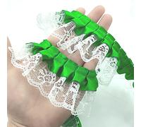 YOOGCORETT 2 Yards Green Pleated Lace Edge Trim Gathered Mesh Chiffon Fabric Ribbons for Bridal Wedding Decorations Sewing Supplies DIY Craft Decor - 1.8"Inch