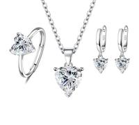Yooghuge 3Pieces Elegant Heart Shaped Cubic Zirconia Jewelry Set Necklace Earrings Rings Lightweight Accessories For Women Shimmering Heart Shaped Cubic Zirconia Jewelry Trio