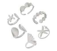 Yooghuge 6PCS Hot Day Beach Holiday Jewelry Open Joint Rings Starfishes Shell Design Sturdy Alloy Adjustable Rings Gift Set Allergy Resistant Alloy Stackable