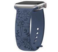 Yoohoo Floral Engraved Strap for Apple Watch Straps 38mm 40mm 41mm 42mm 44mm 45mm 46mm 49mm,Cute Flower and Soft Silicone Sport Band for iWatch Series 11 10 9 8 7 6 5 4 3 2 1 SE Ultra,Women,Denim