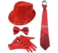 YOOJIA 70s Disco Costumes Set Shiny Sequin Hat Necktie Jazz Costume Accessories For Funky Disco Party Type B Red 4Pcs One Size
