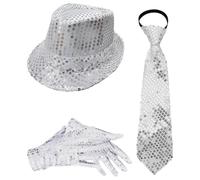YOOJIA 70s Disco Costumes Set Shiny Sequin Hat Necktie Jazz Costume Accessories For Funky Disco Party Type E Silver 3Pcs One Size