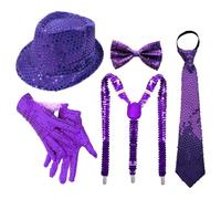 YOOJIA 70s Disco Costumes Set Shiny Sequin Hat Necktie Jazz Costume Accessories For Funky Disco Party Type C Purple 5Pcs One Size