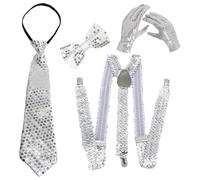 YOOJIA 70s Disco Costumes Set Shiny Sequin Hat Necktie Jazz Costume Accessories For Funky Disco Party Type A Silver 4Pcs One Size