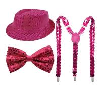 YOOJIA 70s Disco Costumes Set Shiny Sequin Hat Necktie Jazz Costume Accessories For Funky Disco Party Type D Hot Pink 3Pcs One Size