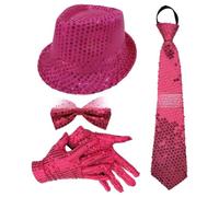 YOOJIA 70s Disco Costumes Set Shiny Sequin Hat Necktie Jazz Costume Accessories For Funky Disco Party Type B Hot Pink 4Pcs One Size