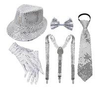 YOOJIA 70s Disco Costumes Set Shiny Sequin Hat Necktie Jazz Costume Accessories For Funky Disco Party Type C Silver 5Pcs One Size