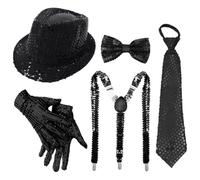 YOOJIA 70s Disco Costumes Set Shiny Sequin Hat Necktie Jazz Costume Accessories For Funky Disco Party Type C Black 5Pcs One Size